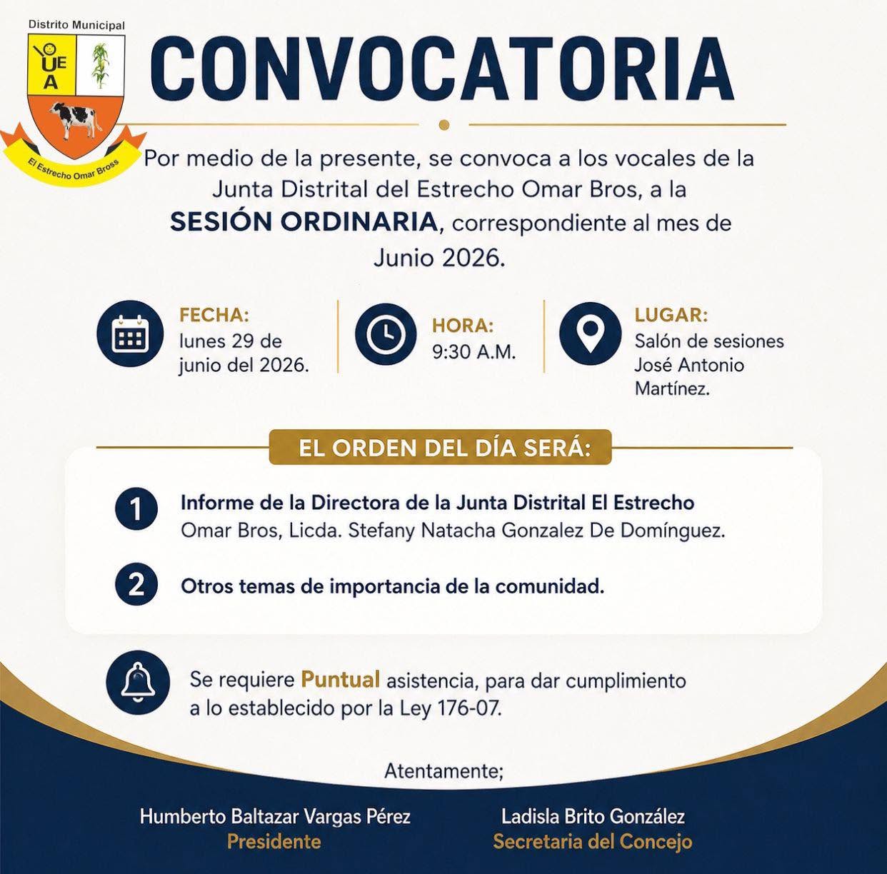 Junta Distrital El Estrecho Omar Bross convoca a sesión ordinaria del mes de junio